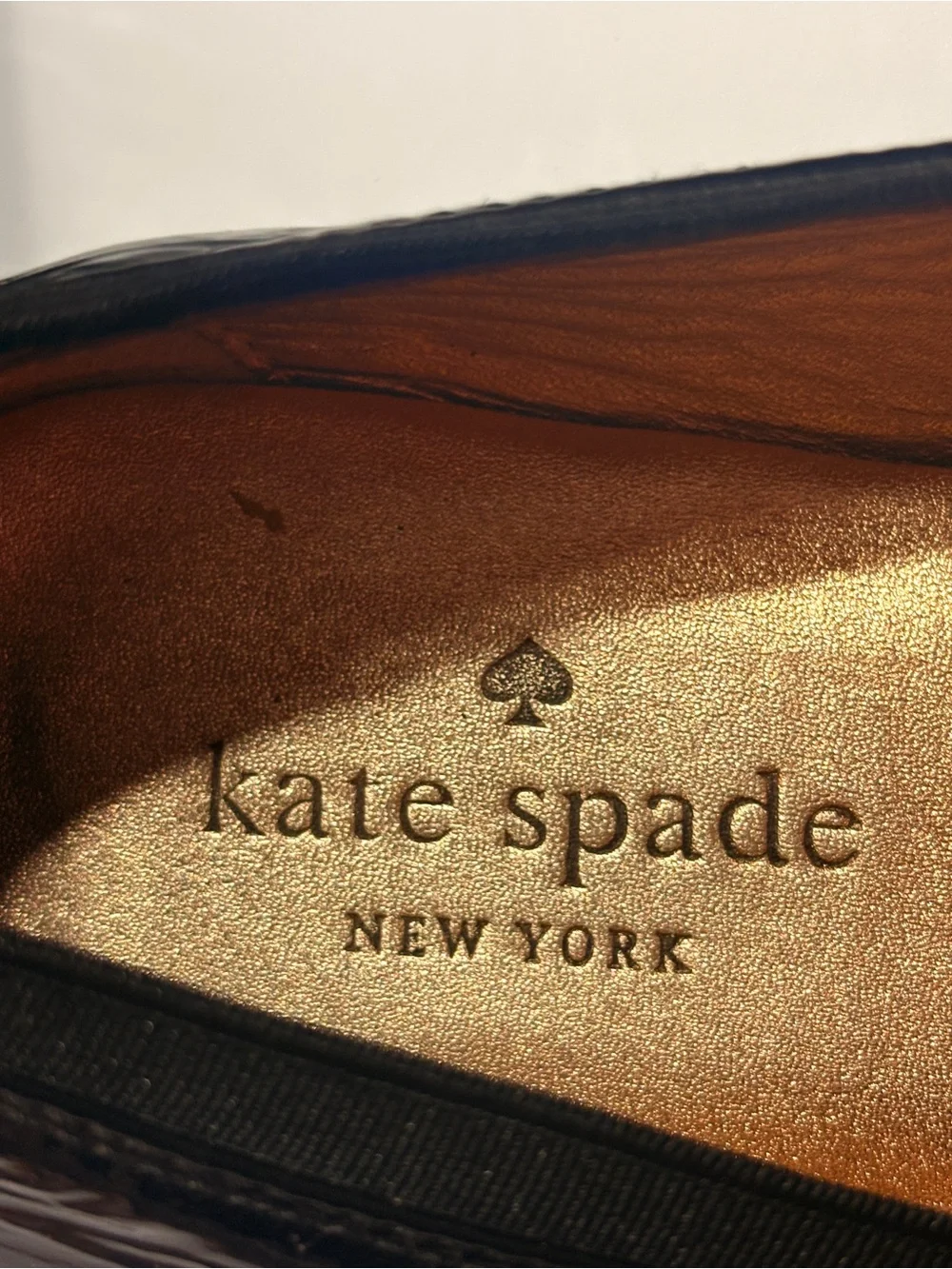 kate spade Black Patent Leather Bow Flats with Gold Plaque